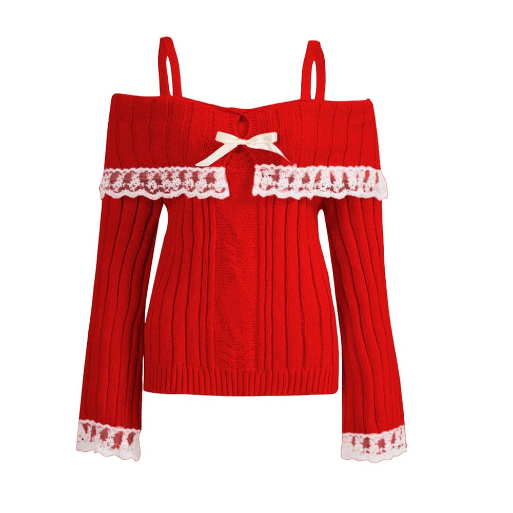 Adoeren Women Off Shoulder Sweater Cute Long Sleeve Lace Trim Knit Top Fall Fashion Y2k Knitted Pullover Jumper Fairycore(Basic Red,S)
