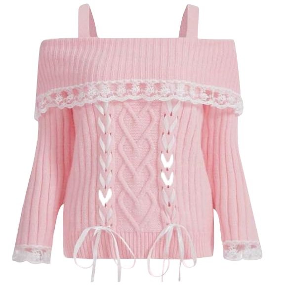 Adoeren Women Off Shoulder Sweater Cute Long Sleeve Lace Trim Knit Top Fall Fashion Y2k Knitted Pullover Jumper Fairycore(A Pink,S)