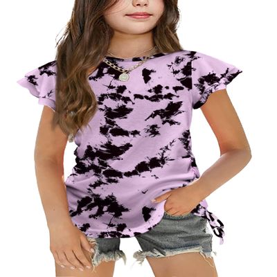 Arshiner Tie Dye Girls Shirt Ruffle Short Sleeve Cute Clothes for Girls Summer Blouse Ruched Knot Side Kids Casual Shirt 7-8 Years