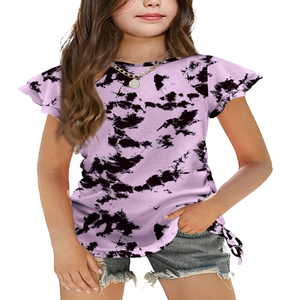 Arshiner Tie Dye Girls Shirt Ruffle Short Sleeve Cute Clothes for Girls Summer Blouse Ruched Knot Side Kids Casual Shirt 7-8 Years