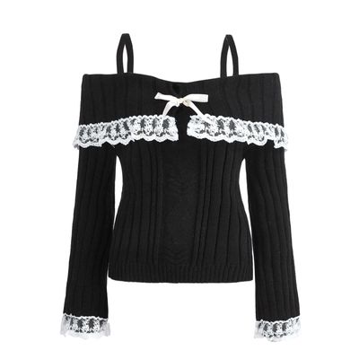 Adoeren Women Off Shoulder Sweater Cute Long Sleeve Lace Trim Knit Top Fall Fashion Y2k Knitted Pullover Jumper Fairycore(Basic Black,M)