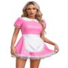 ACSUSS Women's Shiny Leather French Maid Cosplay Costume Mini Dress with Apron Fancy Dress Pink Large view 1
