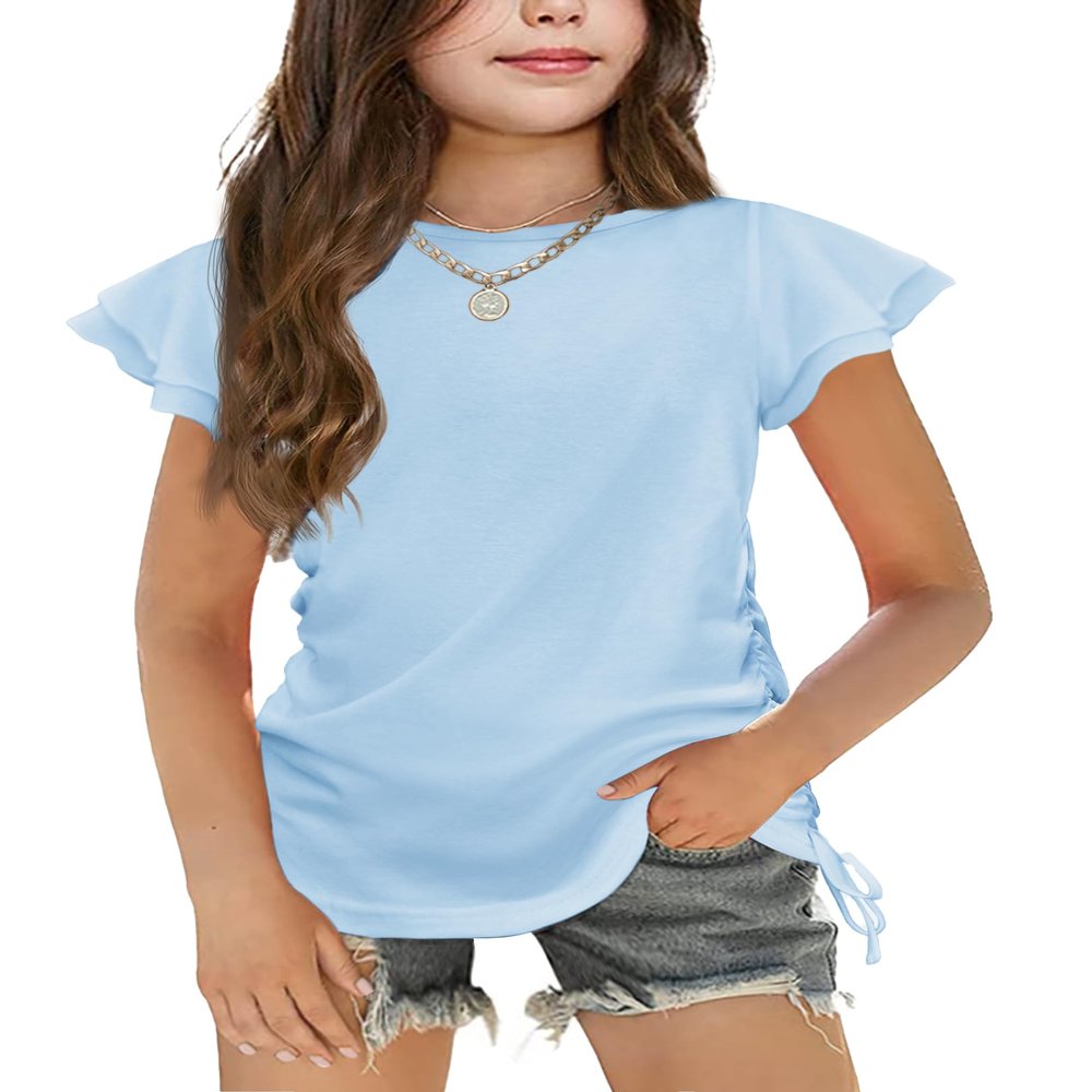 Arshiner Girls Ruffle Short Sleeve Summer Tops Casual Ruched Knot Side Crop Tops Tee Blouse Tunic Light Blue 9-10 Years