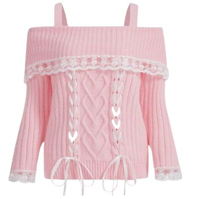 Adoeren Women Off Shoulder Sweater Cute Long Sleeve Lace Trim Knit Top Fall Fashion Y2k Knitted Pullover Jumper Fairycore(A Pink,XL)