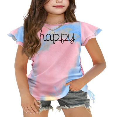 Arshiner Shirts for Kids Girls Plain Ruffle Sleeve Round Neck Casual Ruched Knot Side Shirts Summer Tshirts for Teen Girls Happy Print 11-12 Years