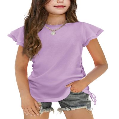 Arshiner Girls Short Sleeve Tops Ruffle Sleeves Short Summer Crewneck Cute Clothes for Kids Ruched Knot Side Summer Girls Shirts Purple 9-10 Years