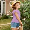 Arshiner Girls Short Sleeve Tops Ruffle Sleeves Short Summer Crewneck Cute Clothes for Kids Ruched Knot Side Summer Girls Shirts Purple 9-10 Years view 3