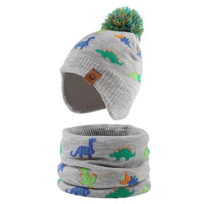 JANGANNSA Knitted Baby Hat Scarf Set Winter Warm Boys Girls Beanie Fleece Lining Toddler Kids Hats with Pompom(Colorful-Dinosaur Gray (Hat+Scarf),M)