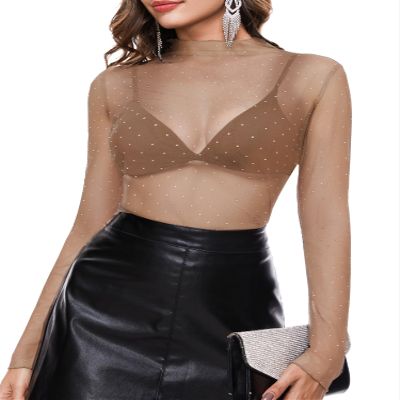 BBX Lephsnt Womens Sheer Mesh Layering Top Lace Glitter Shirt Khaki