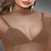 BBX Lephsnt Womens Sheer Mesh Layering Top Lace Glitter Shirt Khaki view 3