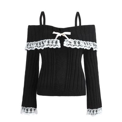 Adoeren Women Off Shoulder Sweater Cute Long Sleeve Lace Trim Knit Top Fall Fashion Y2k Knitted Pullover Jumper Fairycore(Basic Black,L)