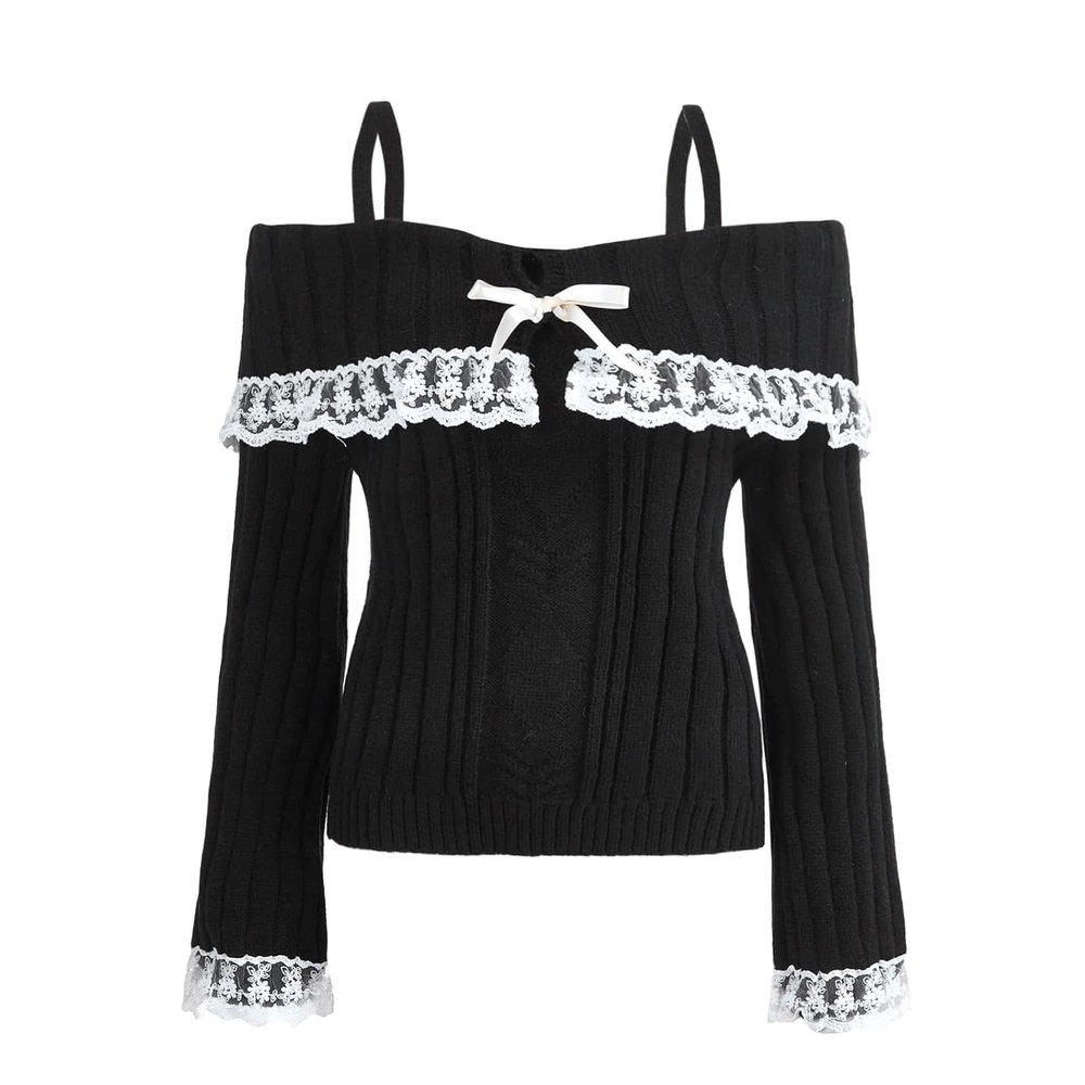 Adoeren Women Off Shoulder Sweater Cute Long Sleeve Lace Trim Knit Top Fall Fashion Y2k Knitted Pullover Jumper Fairycore(Basic Black,L)