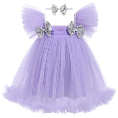 Baby Girls 3D Butterfly Tulle Tutu Dress Kids Toddler Flutter Sleeve Sequins Butterfly Birthday Christening Formal Pageant Wedding Princess Party Dresses Headband Cake Smash Outfit