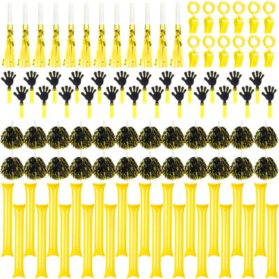 Yunsailing 96 Pcs Noisemakers Team Spirit Accessories for Game Day Include Hand Clappers Cheerleading Pom Pom Thunder Stick Cheer Party Blower Plastic Whistle for Sport Fans(Black Gold)