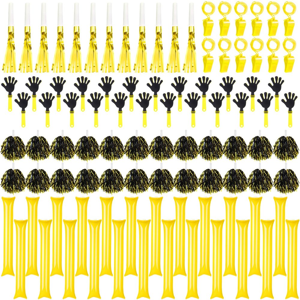 Yunsailing 96 Pcs Noisemakers Team Spirit Accessories for Game Day Include Hand Clappers Cheerleading Pom Pom Thunder Stick Cheer Party Blower Plastic Whistle for Sport Fans(Black Gold)