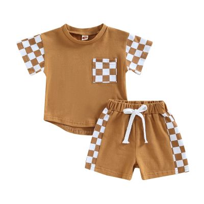 Newborn Baby Girl Boy Summer Clothes Checkered Plaid Short Sleeve T-Shirt Tops Shorts Set Color Block Outfit (Brown, 18-24 Months)