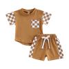 Newborn Baby Girl Boy Summer Clothes Checkered Plaid Short Sleeve T-Shirt Tops Shorts Set Color Block Outfit (Brown, 18-24 Months) view 1