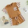 Newborn Baby Girl Boy Summer Clothes Checkered Plaid Short Sleeve T-Shirt Tops Shorts Set Color Block Outfit (Brown, 18-24 Months) view 2