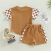 Newborn Baby Girl Boy Summer Clothes Checkered Plaid Short Sleeve T-Shirt Tops Shorts Set Color Block Outfit (Brown, 18-24 Months) view 3