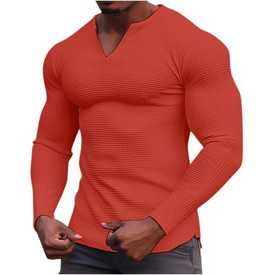 Men's V Neck Waffle Knit Sweaters Long Sleeve Slim Fit Thermal Tops Casual Lightweight Muscle T Shirts Stretchy Undershirts Orange