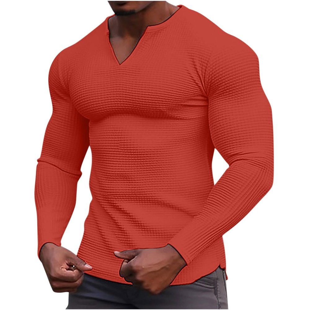 Men's V Neck Waffle Knit Sweaters Long Sleeve Slim Fit Thermal Tops Casual Lightweight Muscle T Shirts Stretchy Undershirts Orange
