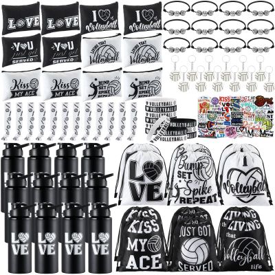 SilTriangle 85 Pcs Volleyball Party Favors Volleyball Gifts for Teen Girls with 12 Set Drawstring Backpack a Set Stickers Keychain Silicone Bracelet Makeup Bag Hair Bands Bottle Sports Party Supplies