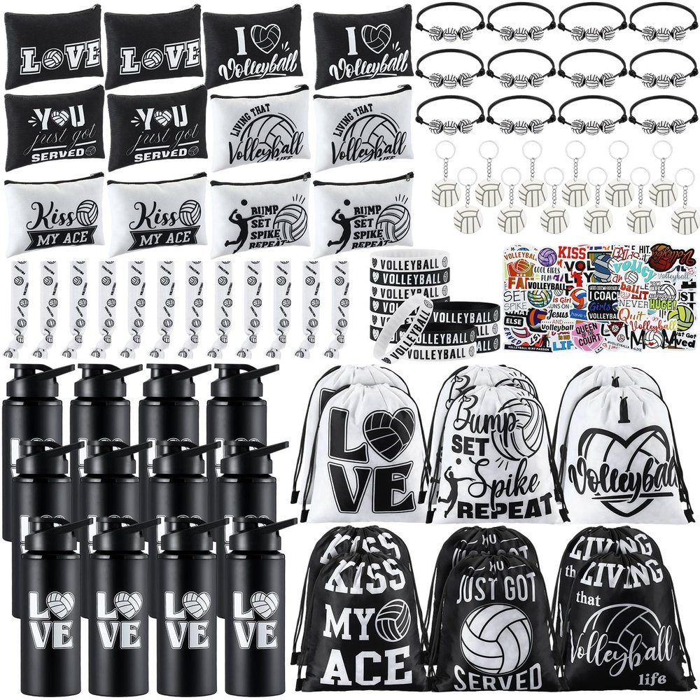 SilTriangle 85 Pcs Volleyball Party Favors Volleyball Gifts for Teen Girls with 12 Set Drawstring Backpack a Set Stickers Keychain Silicone Bracelet Makeup Bag Hair Bands Bottle Sports Party Supplies