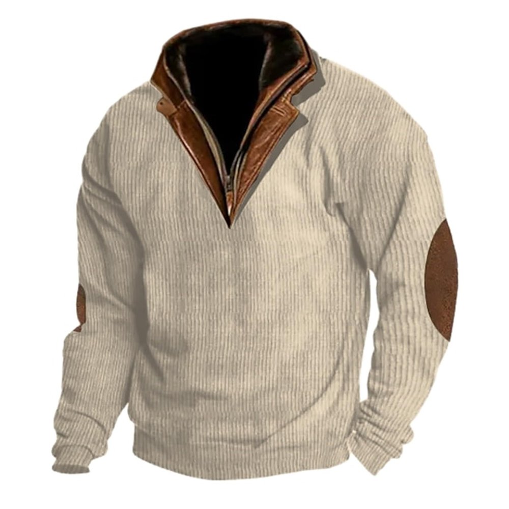 ZYXTIM Men's Corduroy Waffle Knit Sweatshirt Quarter Zip Loose Classic Golf Polo Shirts Retro Western Tops with Elbow Patches White