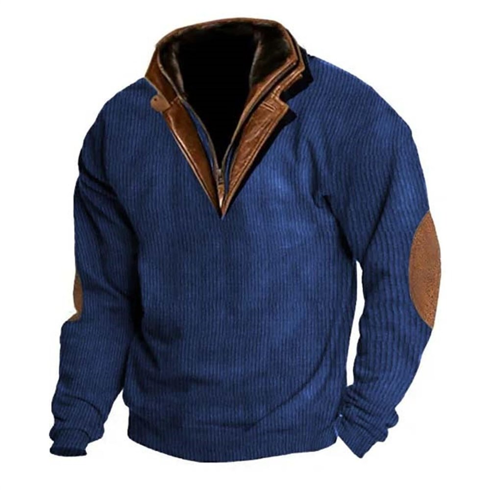 ZYXTIM Men's Corduroy Waffle Knit Sweatshirt Quarter Zip Loose Classic Golf Polo Shirts Retro Western Tops with Elbow Patches Navy