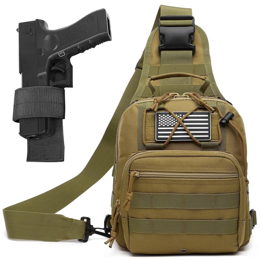 ATBP Small Tactical Sling Bag For Men With Holster Military EDC Shoulder Bag CCW Crossbody Bag 7 Liters, Brown Tan Khaki