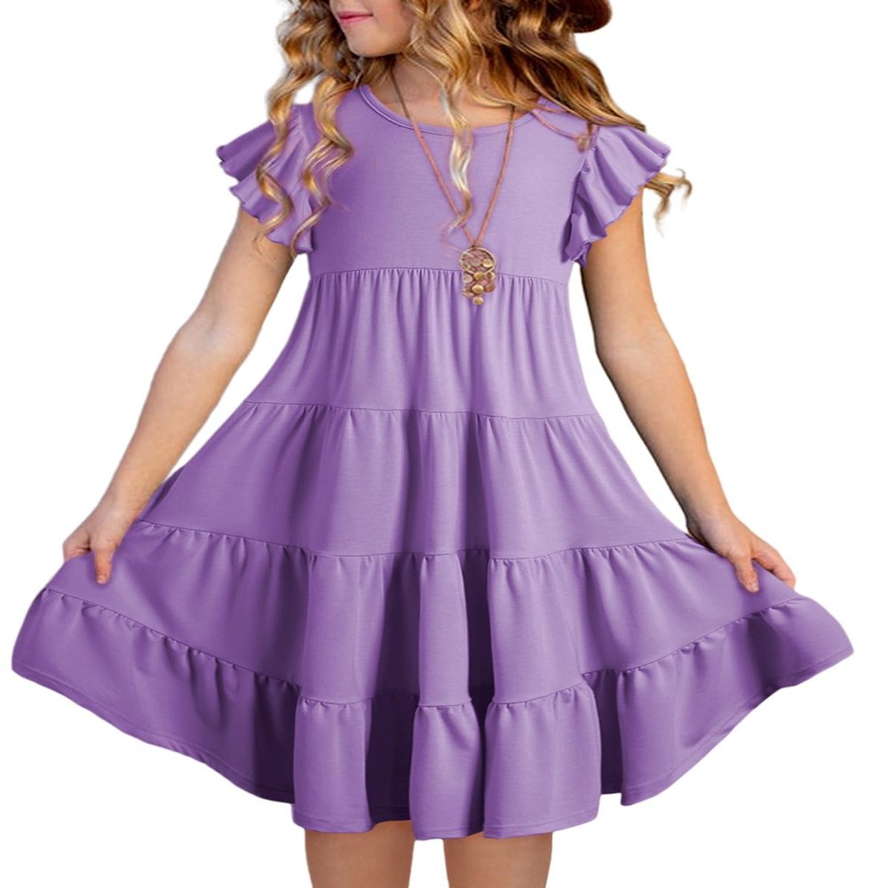 blibean Girls Dresses Summer Sleeveless Sundress Ruffled Boho Tween Cute Round Neck A-line Tiered Dresses Kids Casual Pockets Swing Clothes Solid Dressy Outfit Size 10-11 Years Old Lavender Purple