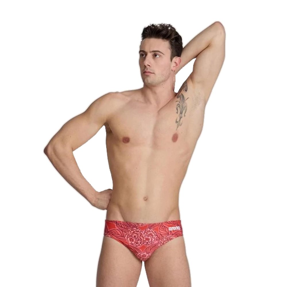 ARENA Men's Swim Brief Hydrangea Bouquet Team Print MaxLife Athletic Swimwear Professional Training Swimsuit Sports Bathing Suit, Team Red, US Size 24