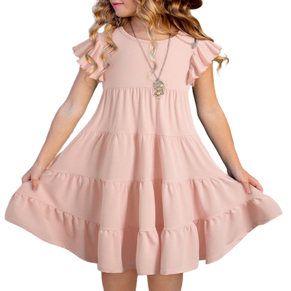 blibean Girls Dresses Summer Sleeveless Sundress Ruffled Boho Tween Cute Sun Dress A-line Tiered Dresses Kids Casual Pockets Swing Clothes Solid Flowy Outfit Size 6-7 Years Old Soft Pink