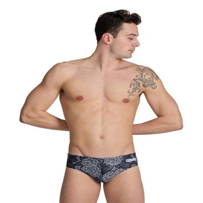 ARENA Mens Swim Brief Hydrangea Bouquet Team Print MaxLife Athletic Swimwear Professional Training Swimsuit Sports Bathing Suit, Team Black, US Size 40