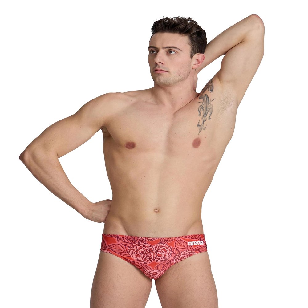 ARENA Mens Swim Brief Hydrangea Bouquet Team Print MaxLife Athletic Swimwear Professional Training Swimsuit Sports Bathing Suit, Team Red, US Size 36