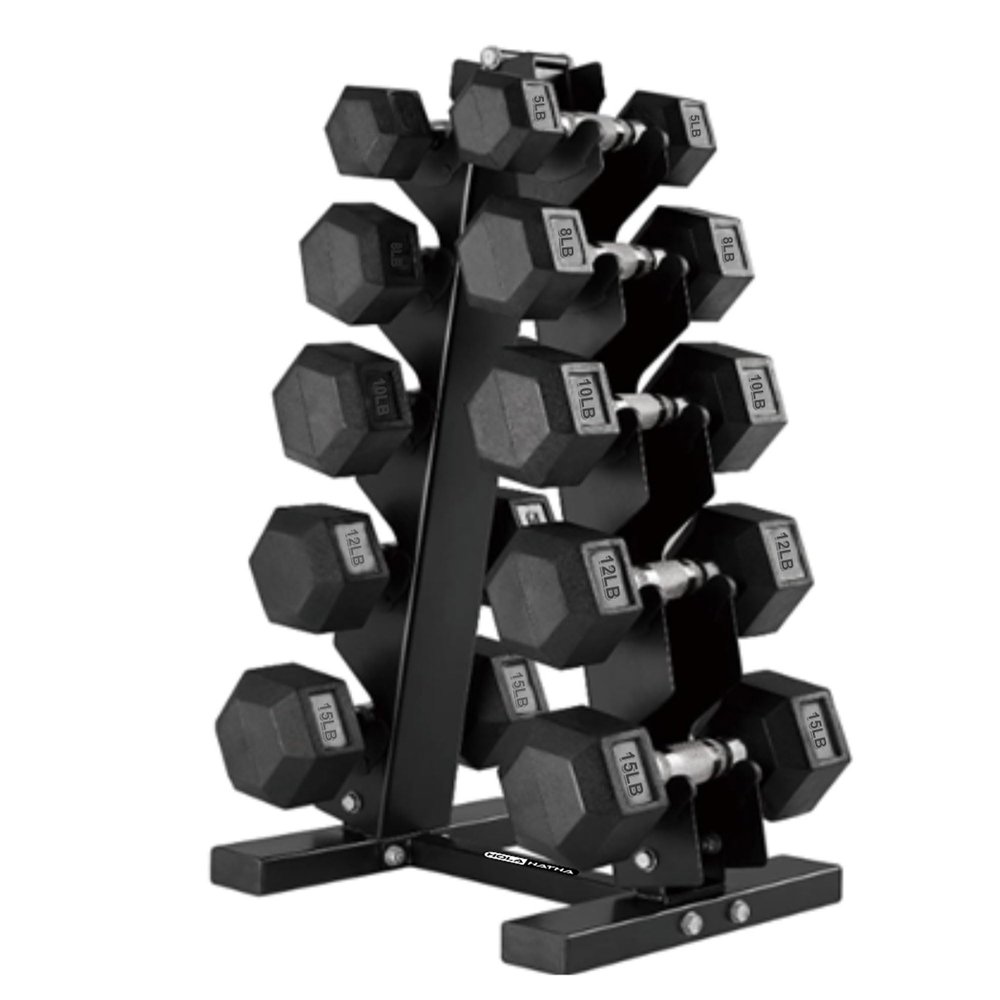 HolaHatha Hexagonal Rubber Dumbbell Weights Set with Rack, Home Gym Equipment, 100 Lbs, Black - Portable Weighted Exercise Dumbbells for Fitness, Training, and Lifting Workouts