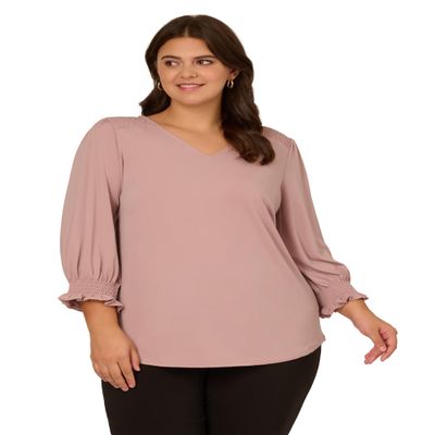 Adrianna Papell Diffusion Women's 3/4 Smocked Sleeve Solid Top, Bark, 2X