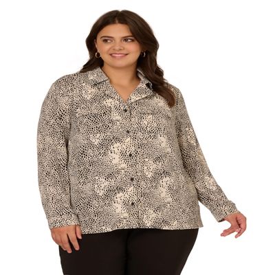 Adrianna Papell Diffusion Women's Knit Utility Top with Long Sleeves and Chest Pockets, Cream Simple Snakeskin, 1X