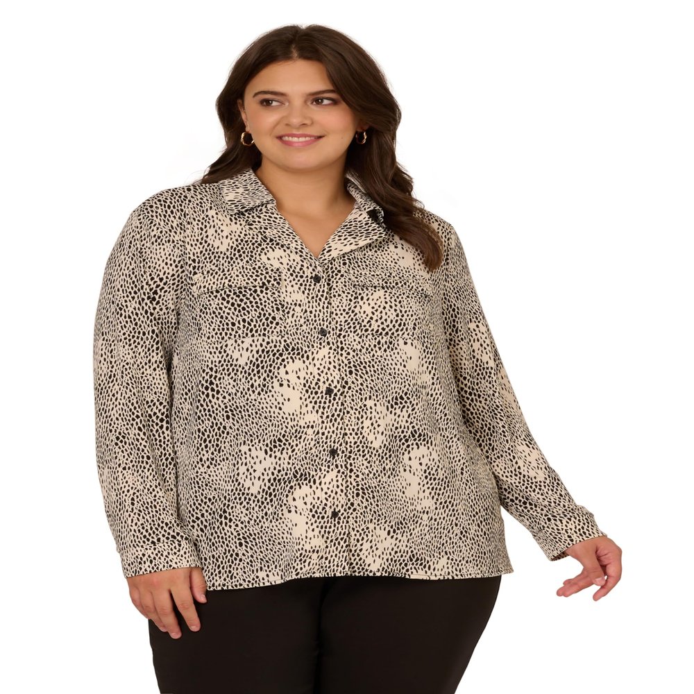 Adrianna Papell Diffusion Women's Knit Utility Top with Long Sleeves and Chest Pockets, Cream Simple Snakeskin, 1X