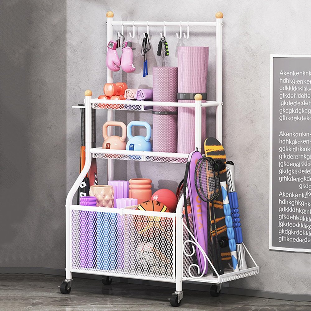 FEITJMMW Sports Fitness Equipment Storage Rack with Wheels, Home Yoga Mat Storage Basket, Living Room Basketball Badminton Class Shelf