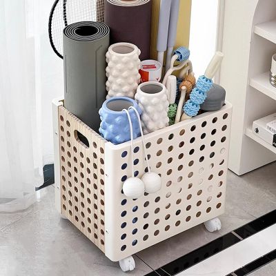 FEITJMMW Yoga Mat Storage Racks Wooden Storage Basket, Home Gym Studio Storage Organizer for Yoga Block Foam Roller Resistance Band, and More Gym Accessories with Wheels