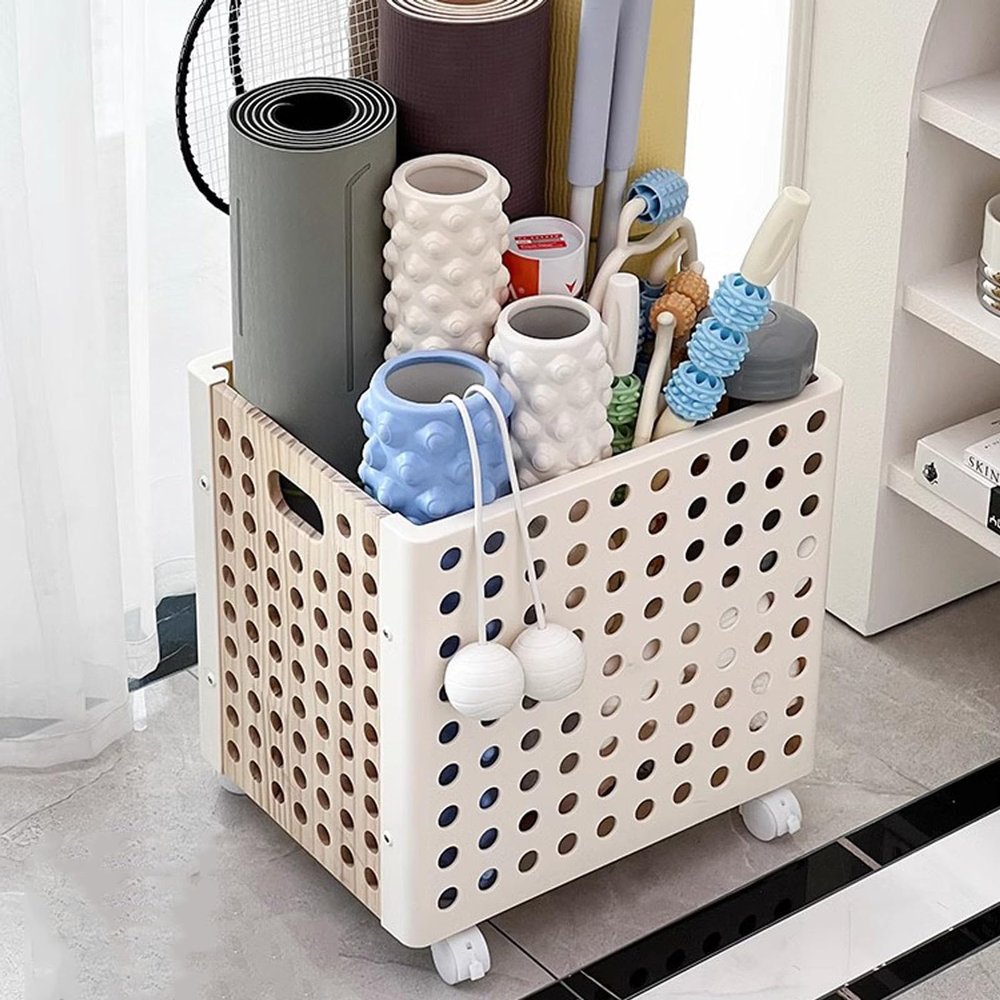 FEITJMMW Yoga Mat Storage Racks Wooden Storage Basket, Home Gym Studio Storage Organizer for Yoga Block Foam Roller Resistance Band, and More Gym Accessories with Wheels