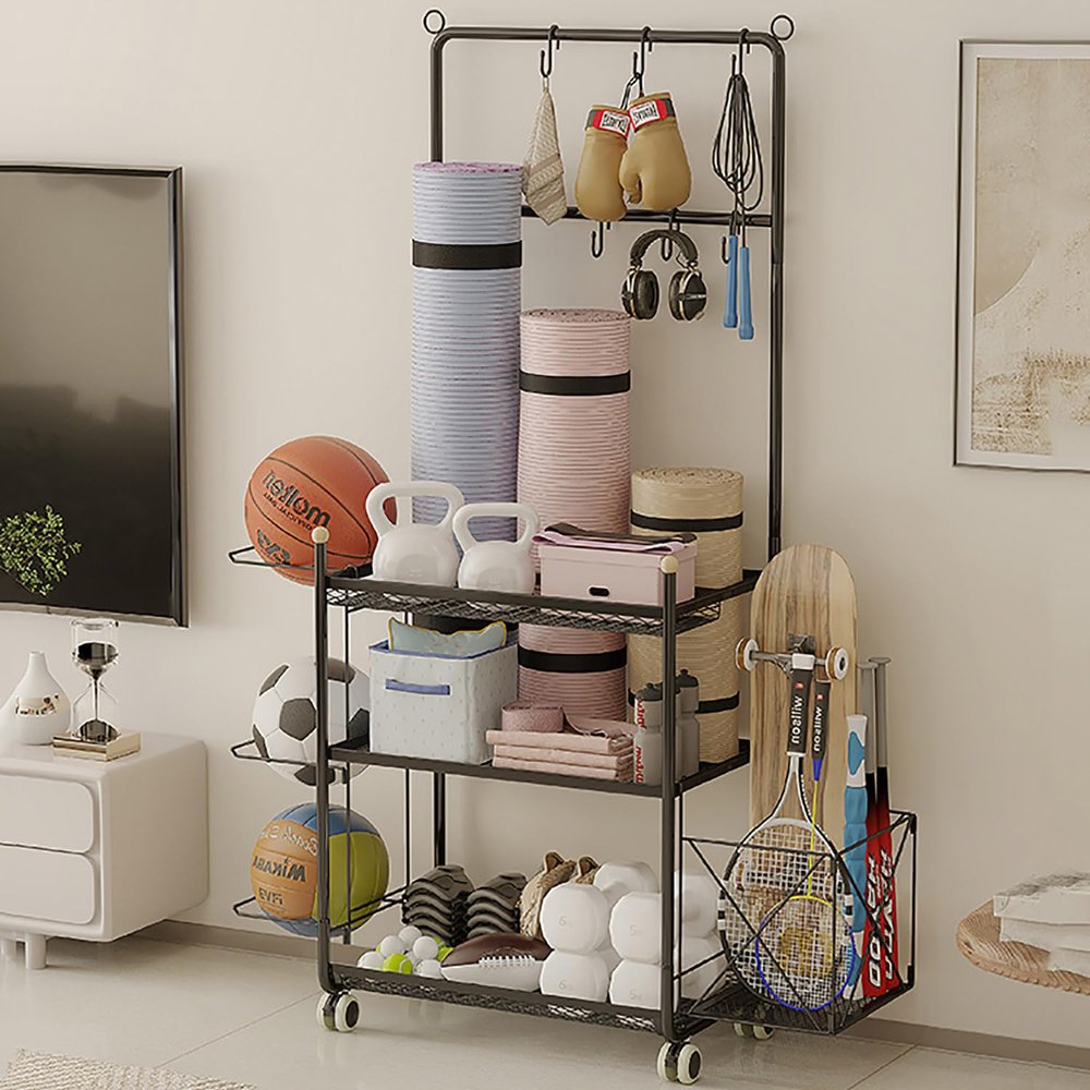 FEITJMMW Yoga Mat Storage Rack, 3 Tier Dumbbell Rack with Wheels and Hooks, Multifunctional Home Gym Storage Rack for Dumbbells Yoga Mats Foam Rollers Kettlebells