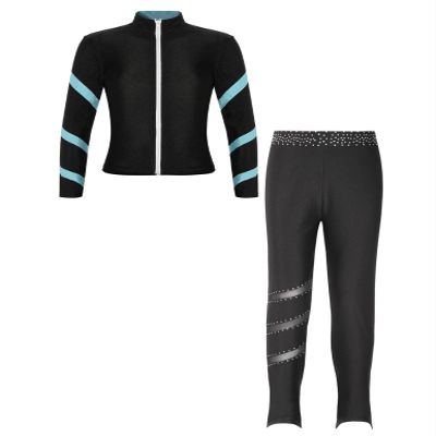 Huimingda Kids Girls Figure Skating Training Outfit Long Sleeve Zipper Stand Collar Jacket with Pants Sport Trakcsuit Light Blue 12 Years
