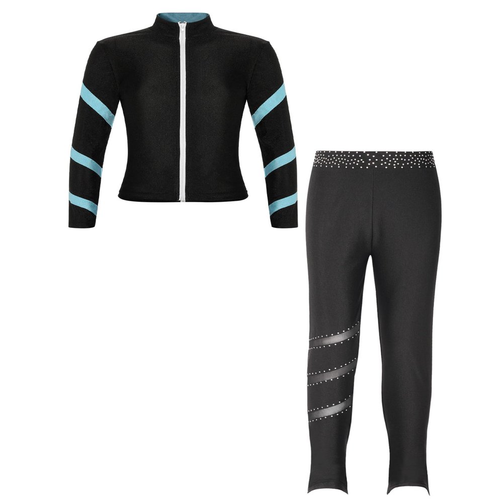 Huimingda Kids Girls Figure Skating Training Outfit Long Sleeve Zipper Stand Collar Jacket with Pants Sport Trakcsuit Light Blue 12 Years