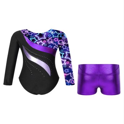 Manyakai Kids Girls Long Sleeve Gymnastics Leotard with Shorts Ballet Unitard 2 Piece Dance Outfits Neon 10 Years