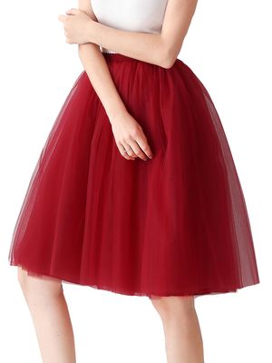 AiberLisha Midi Length Princess Tulle Tutu Skirt for Prom Party Burgundy XL XXL