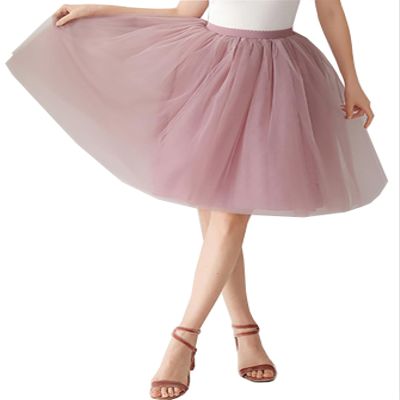 AiberLisha Midi Length Princess Tulle Tutu Skirt for Prom Party Dusty Rose L