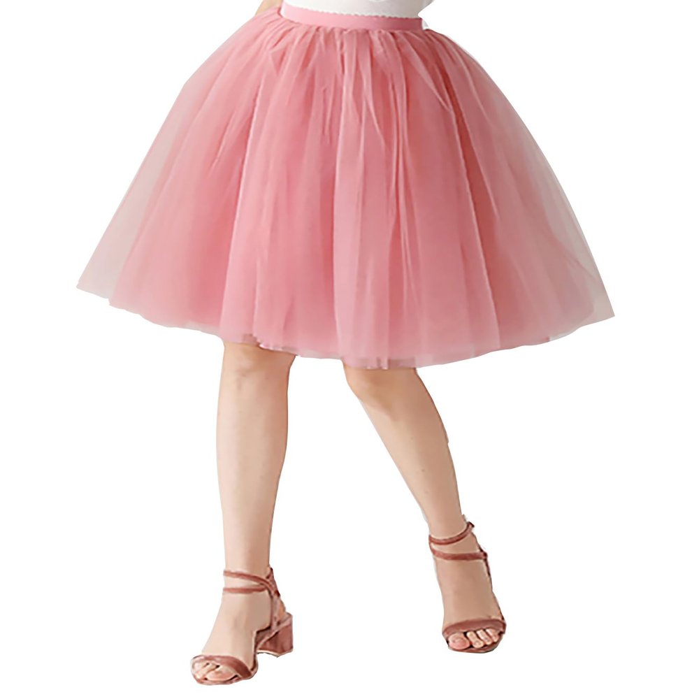AiberLisha Midi Length Princess Tulle Tutu Skirt for Prom Party Dusty Pink L