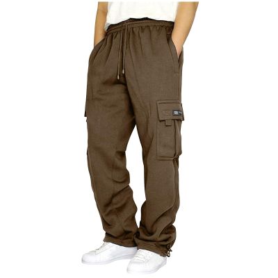Men's Cargo Sweatpants Casual Fleece Joggers Loose Fit Open Bottom Athletic Pants for Men with Pockets Khaki 2XL